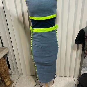 Fashion Nova Blue and Neon Yellow Midi Dress